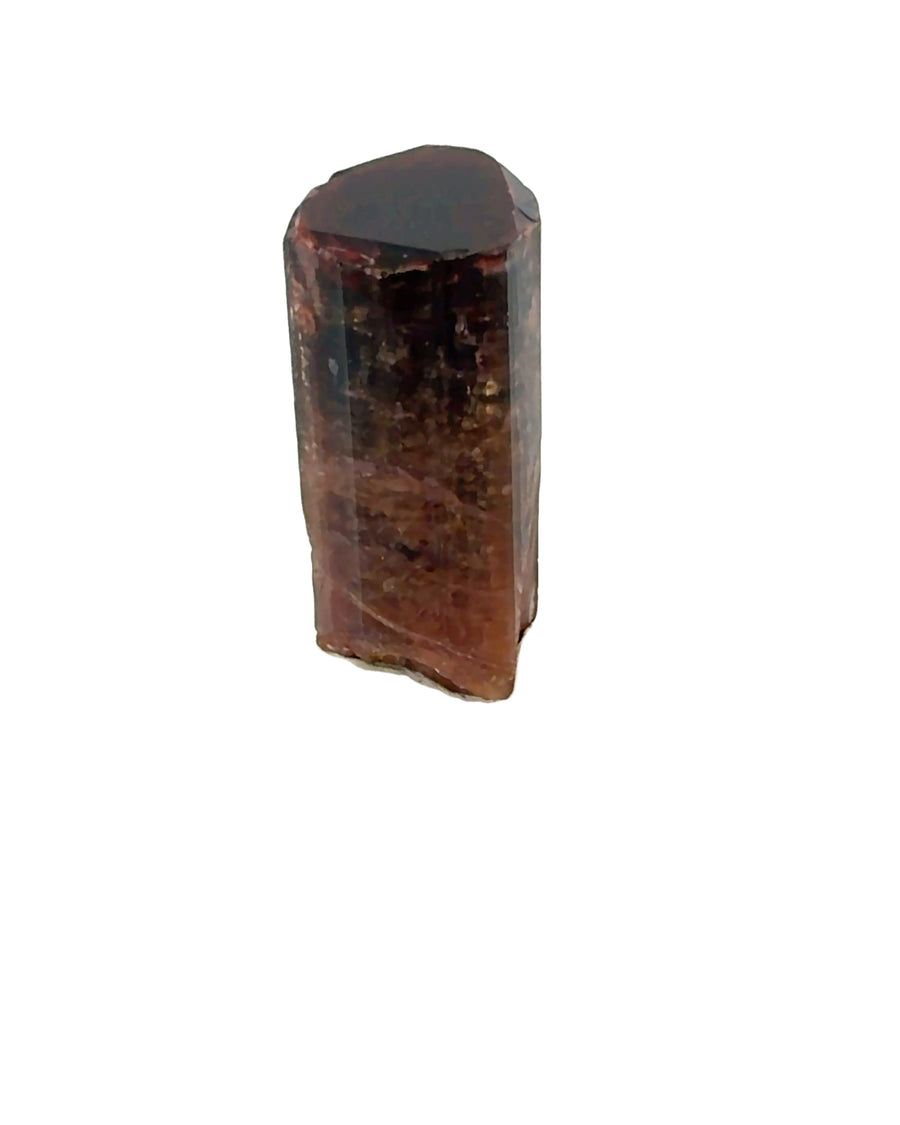 Natural raw deep red Rubellite Tourmaline crystal specimen on acrylic display stand measuring 1.6 cm x 1.4 cm x 3.3 cm and weighing 17.8 grams.