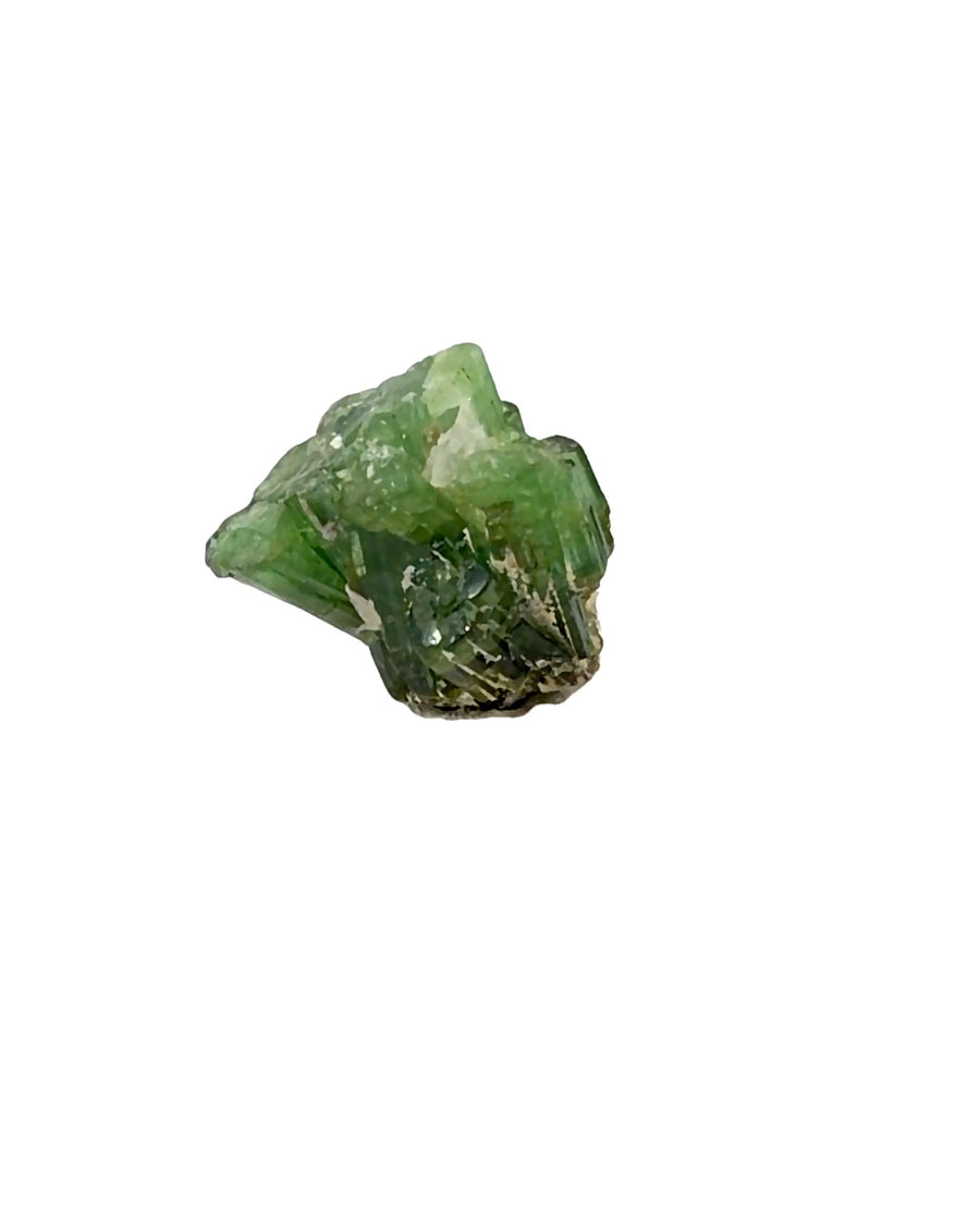 Natural green Tourmaline crystal cluster specimen with vibrant prismatic crystals mounted on a clear acrylic display base, measuring 2.1 cm x 1.8 cm x 2.4 cm and weighing 9.9 grams.