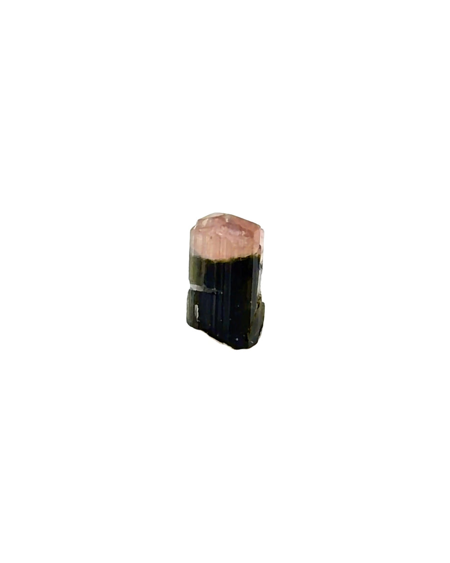 Natural pink and dark bi-color Tourmaline crystal specimen with distinct color zoning displayed on a clear acrylic stand, measuring 1.8 cm tall and weighing 2.9 grams.
