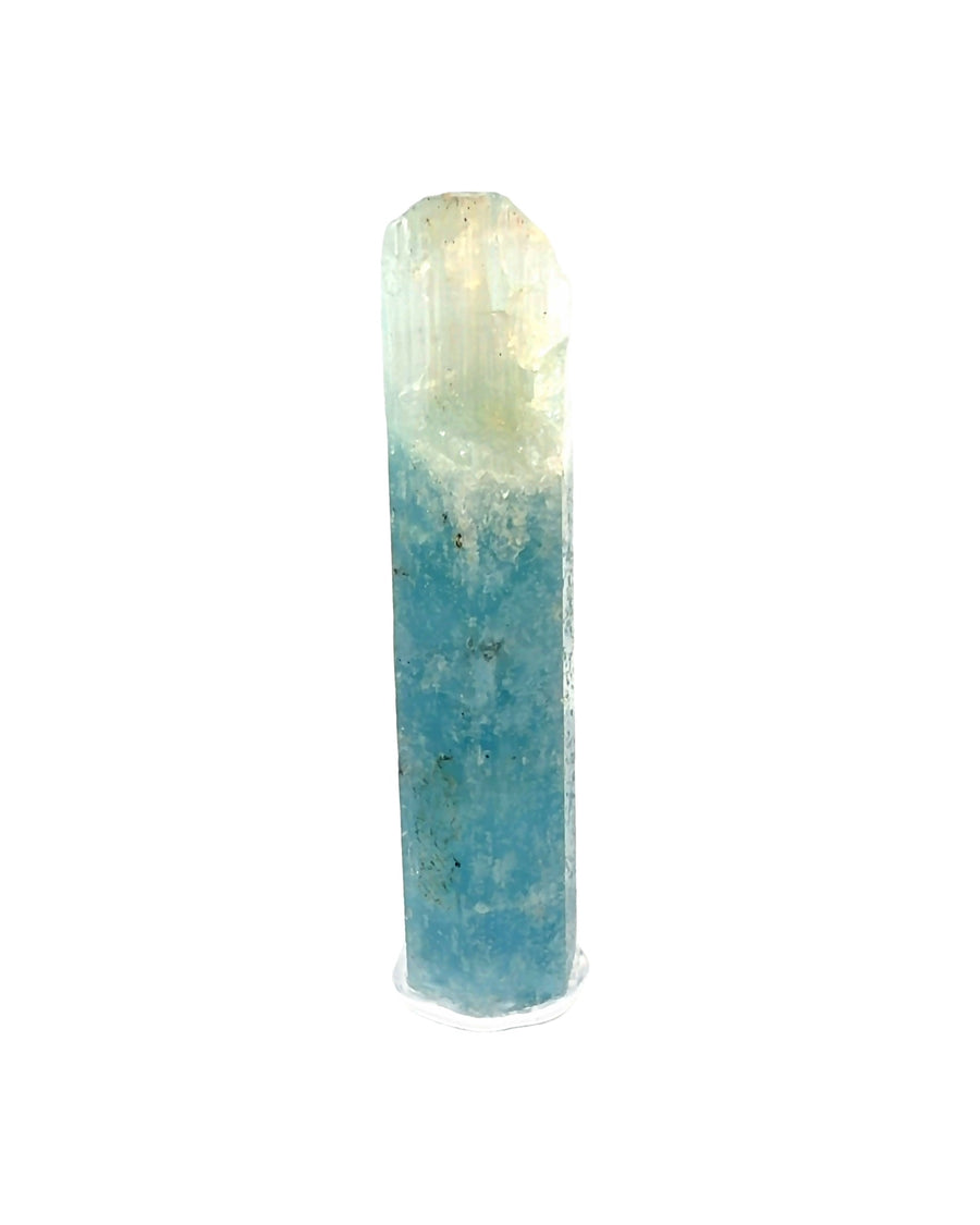 Natural Brazilian Aquamarine crystal specimen with dark included base and gem-clear pencil-point termination from the rare 1999 discovery.