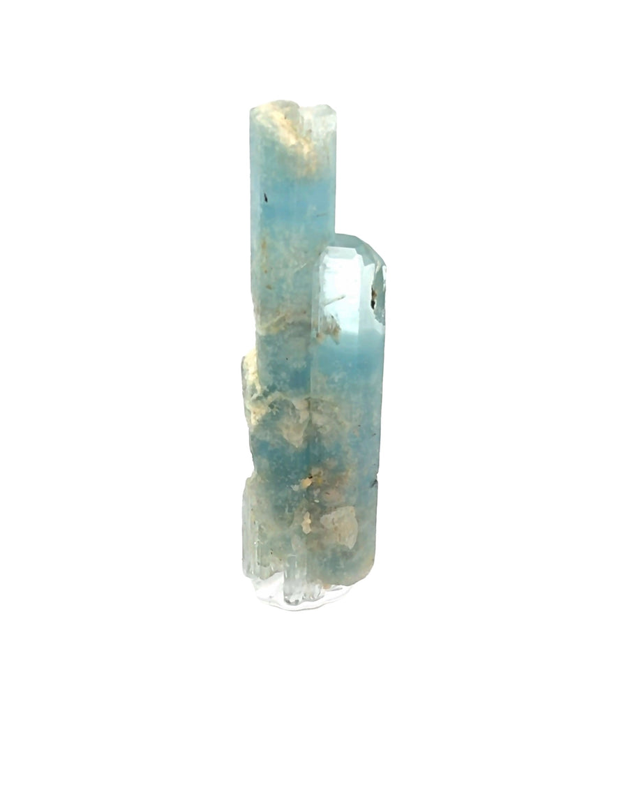 Natural Brazilian Aquamarine crystal specimen with dark included base and gem-clear pencil-point termination from the rare 1999 discovery.