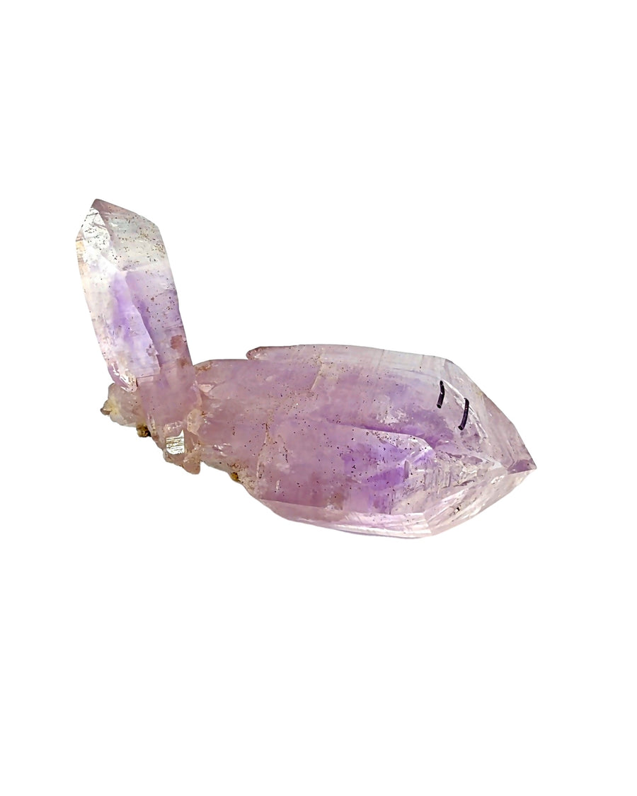 Natural light purple amethyst crystal specimen with two raw quartz formations and matrix, 67.3 grams