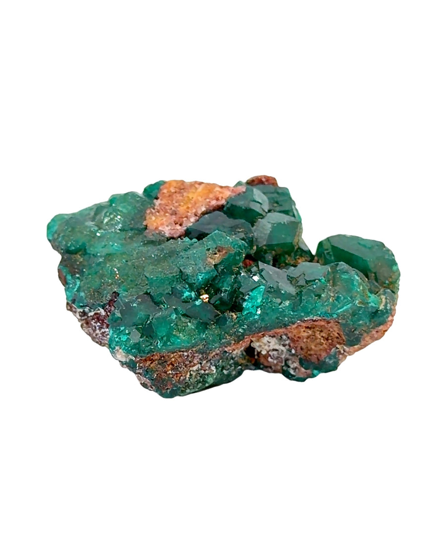 Natural green dioptase crystal specimen on brown matrix from the Tsumeb Mine in Namibia, weighing 17.2 grams
