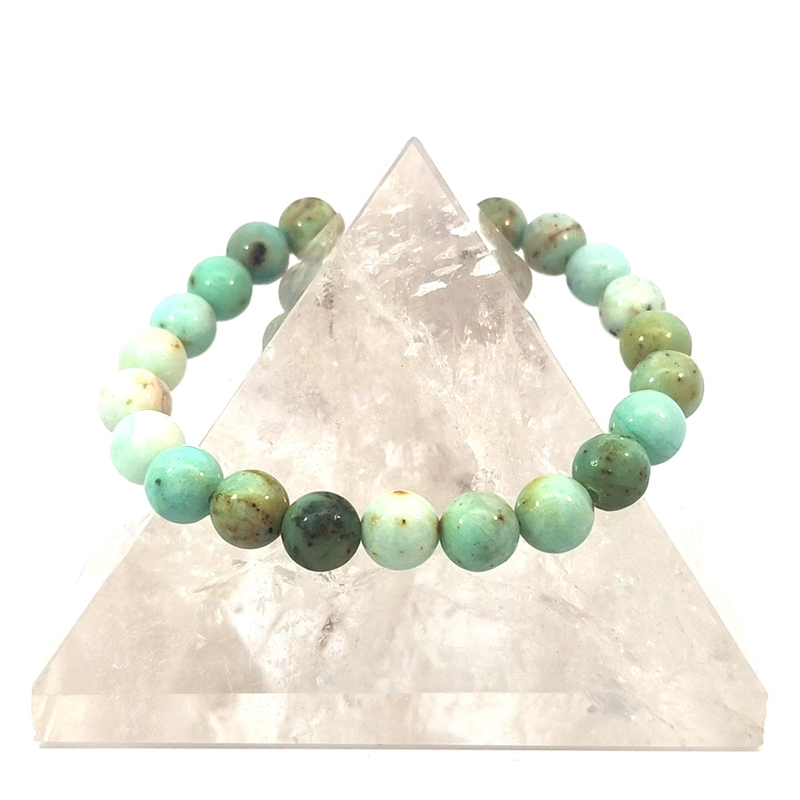 a natural Chrysoprase bead bracelet on durable stretch cord.