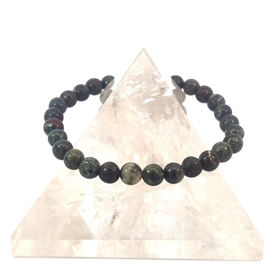 Natural Dragon Bloodstone stretch bracelet featuring rich green and red stones.