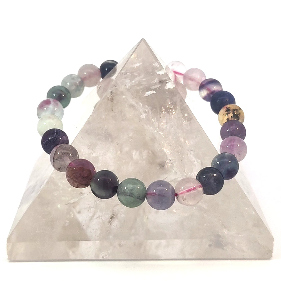 Handcrafted Green and Purple Fluorite stretch bracelet made with genuine natural gemstone beads for small to medium wrists.
