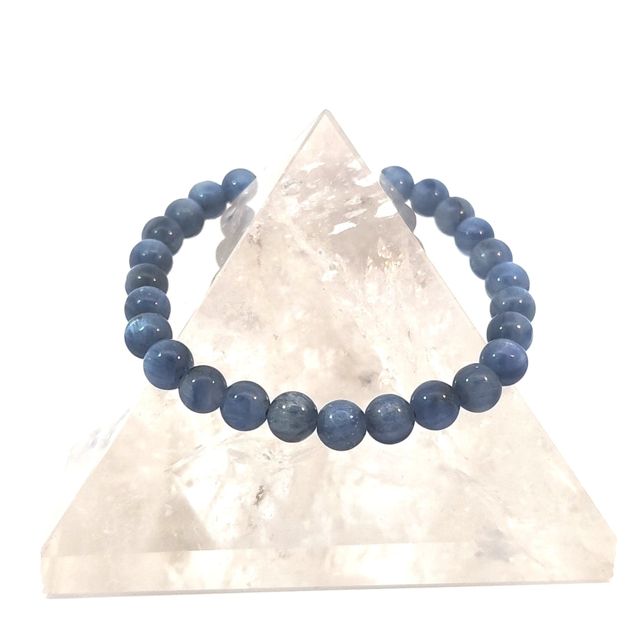 Natural Blue Kyanite stretch bracelet with genuine deep blue gemstone beads on durable elastic cord for small to medium wrists.