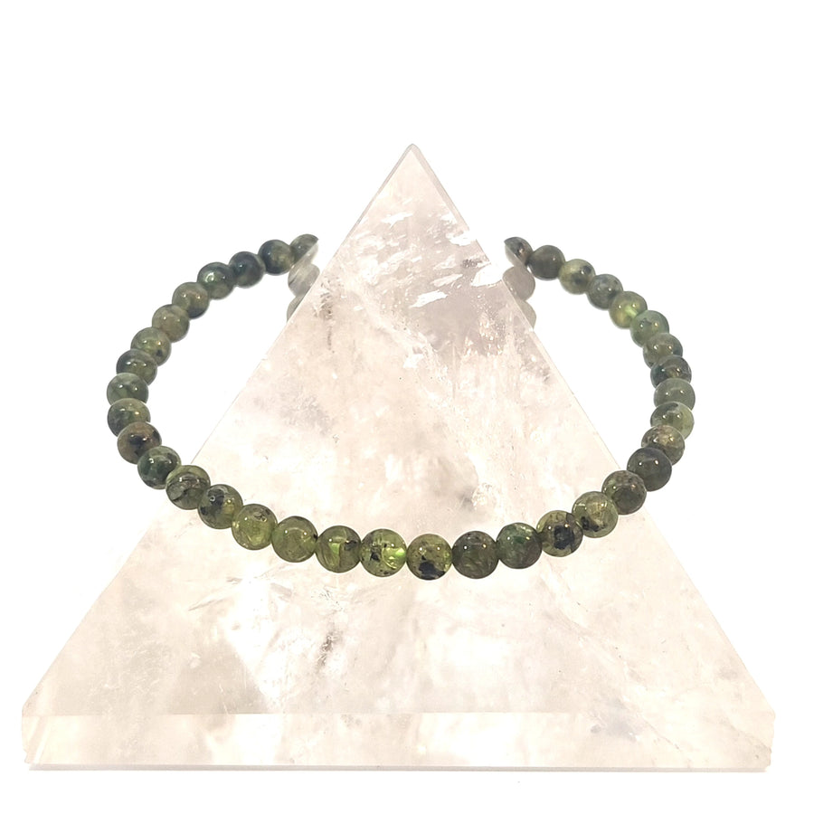 Natural Prehnite and Epidote stretch bracelet with green gemstone beads for small to medium wrists.