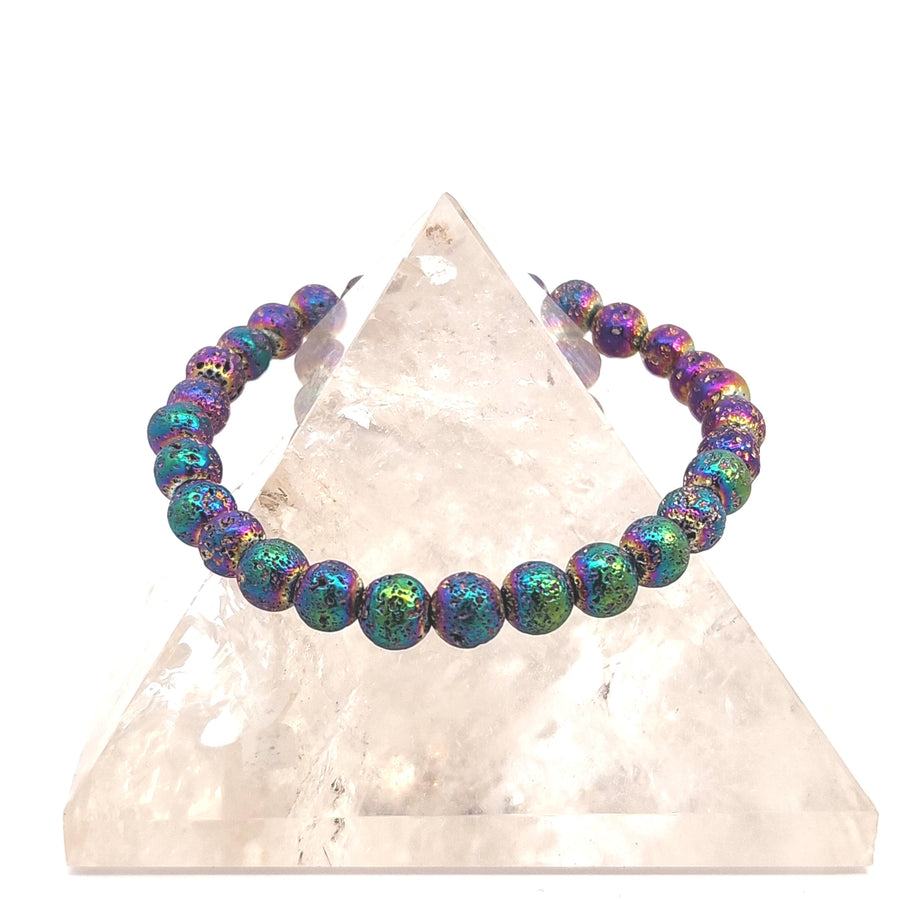 a titanium coated lava stone stretch bracelet featuring genuine volcanic beads with a metallic finish.