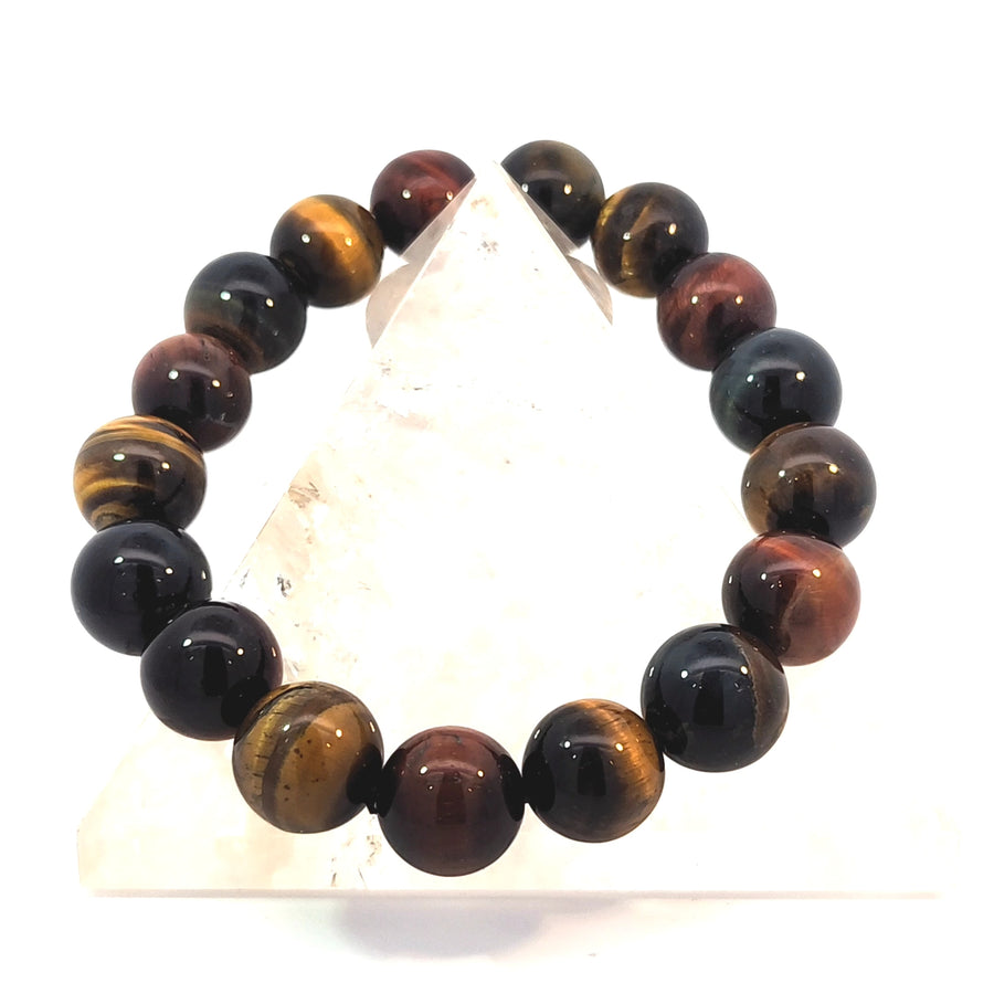 Natural mixed-color Tiger's Eye stretch bracelet featuring red, blue, and golden beads.