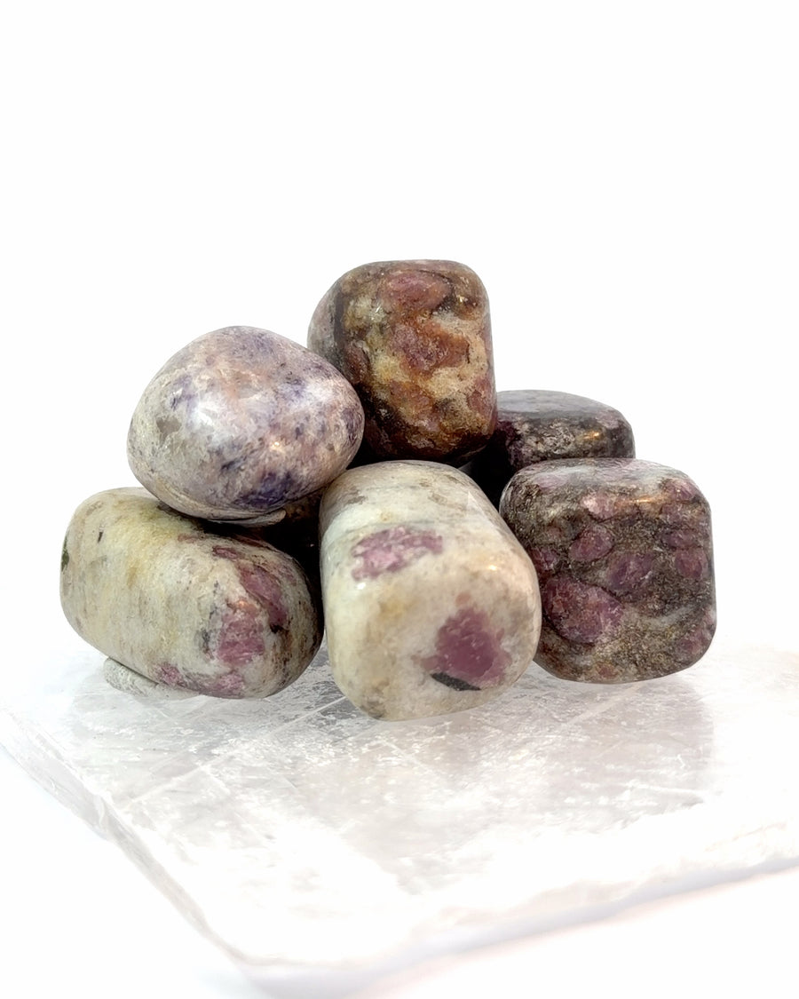 Set of 3 tumbled ruby in feldspar stones with deep red ruby crystals in creamy natural feldspar matrix
Tags