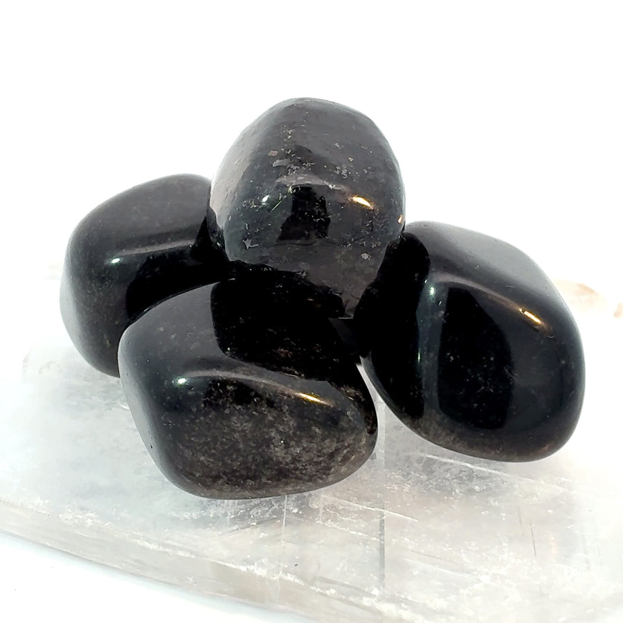 Set of 3 polished tumbled Sheen Obsidian stones with black volcanic glass and silver or golden reflective sheen