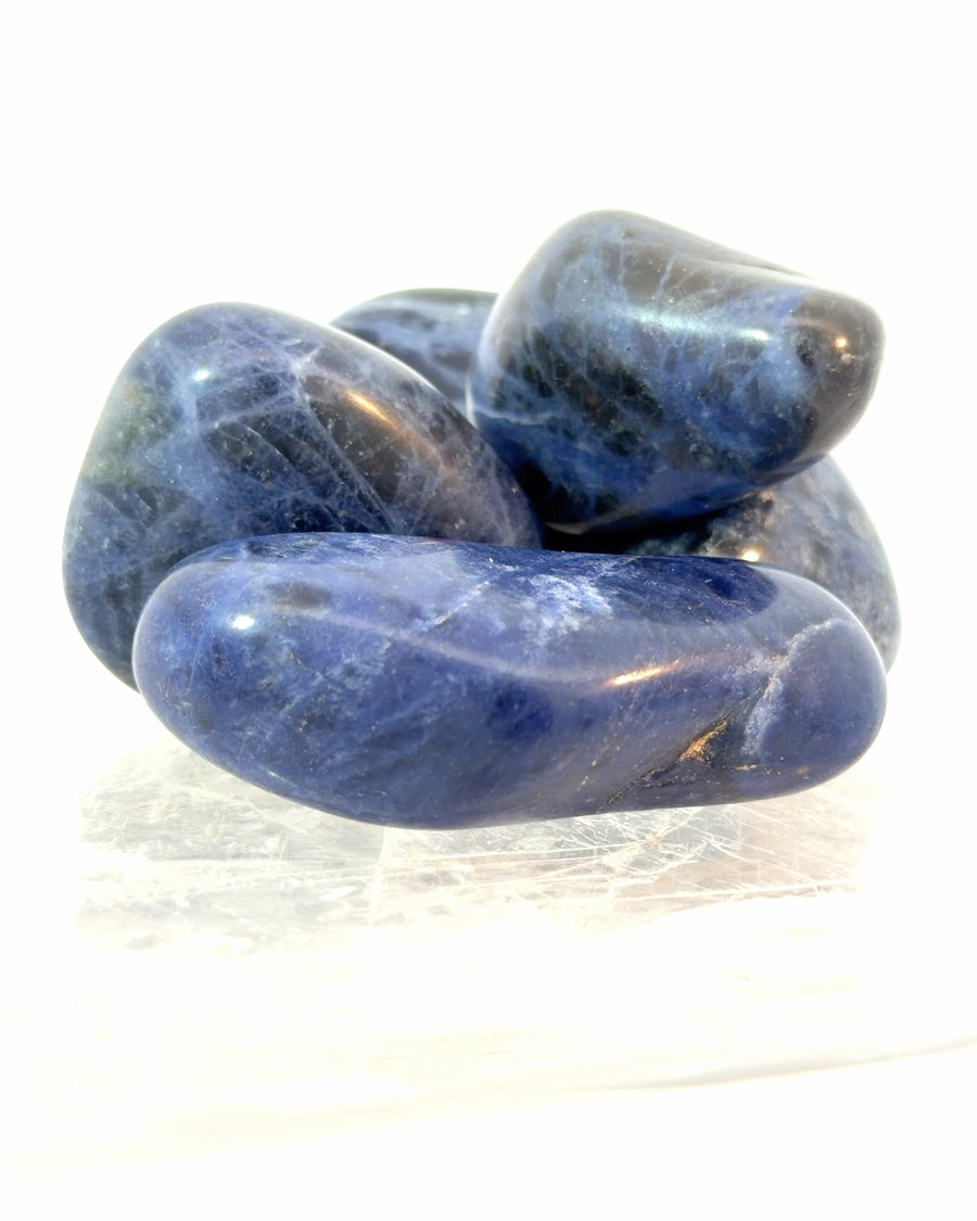 Set of 4 natural tumbled sodalite stones with deep blue color and white veining