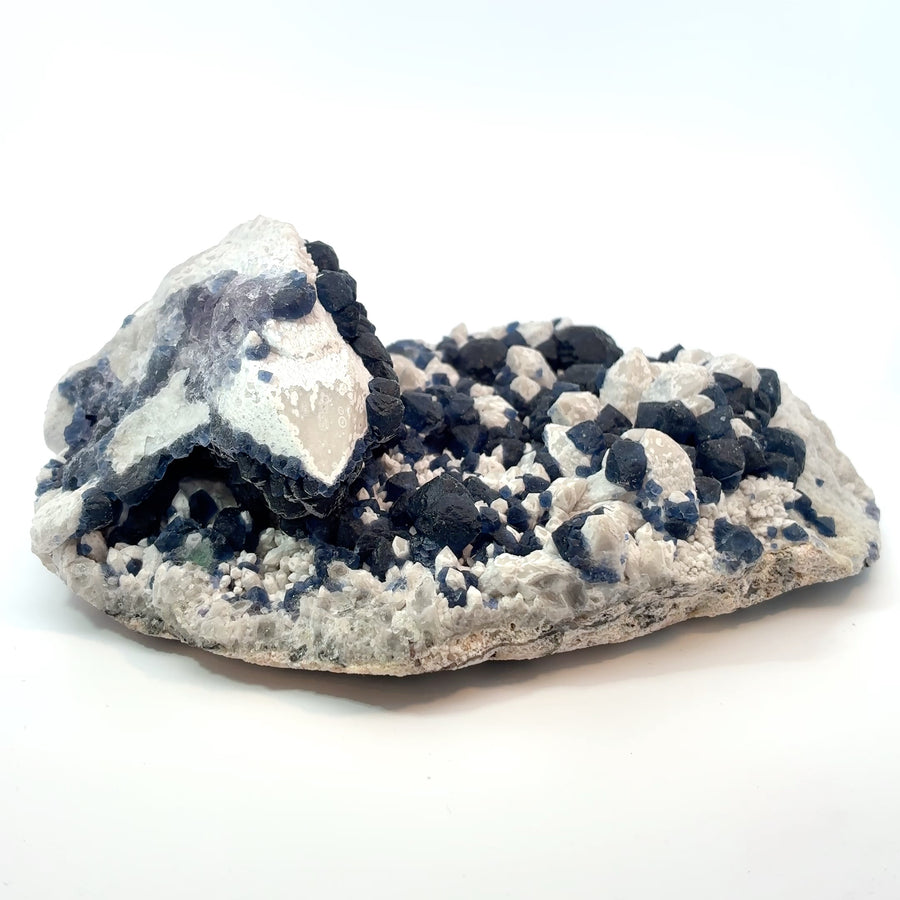 Natural blue fluorite crystals growing on white candle quartz from Inner Mongolia, collector-quality mineral specimen with vibrant blue crystal clusters.