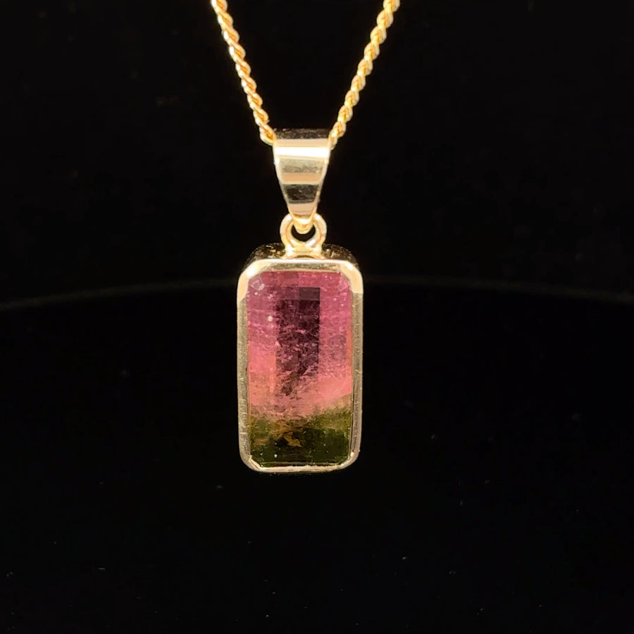 Natural Bi-Color Watermelon Tourmaline Crystal in 14K Gold Pendant 