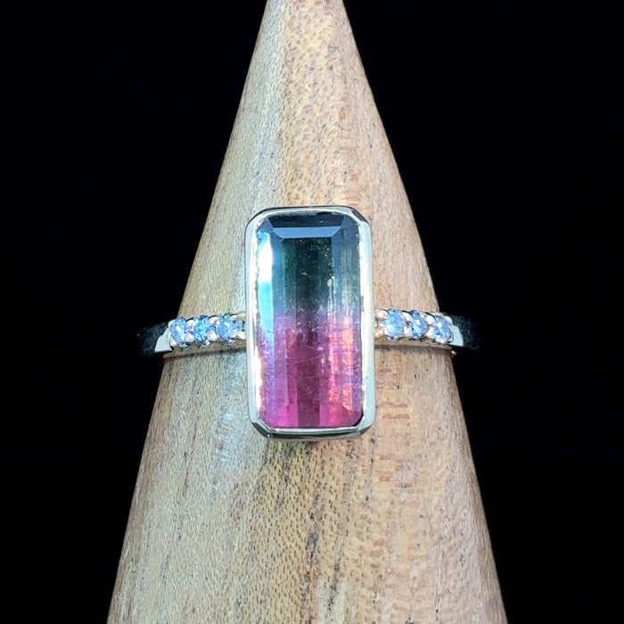 14K Gold Bi-Color Tourmaline & Diamond Ring Size 8 | Natural Pink & Green Tourmaline Fine Jewelry