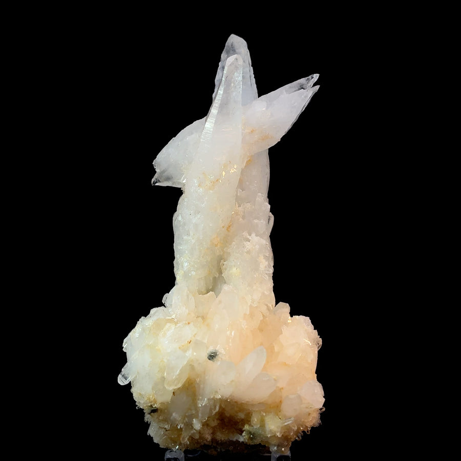 Rare natural Tessin habit quartz crystal cluster with elongated terminated crystals measuring 107mm from an old mineral collection.
