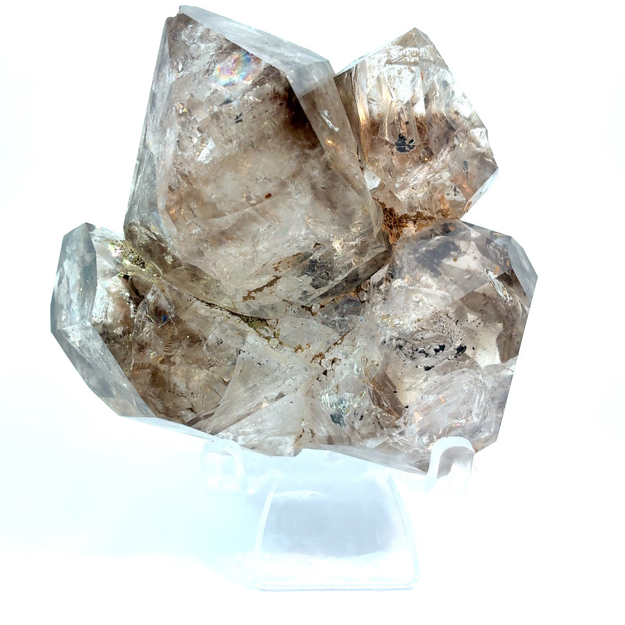 Large smoky skeletal Herkimer Diamond quartz crystal cluster with four interconnected double-terminated crystals from Little Falls, Herkimer County, New York, weighing 260 grams.