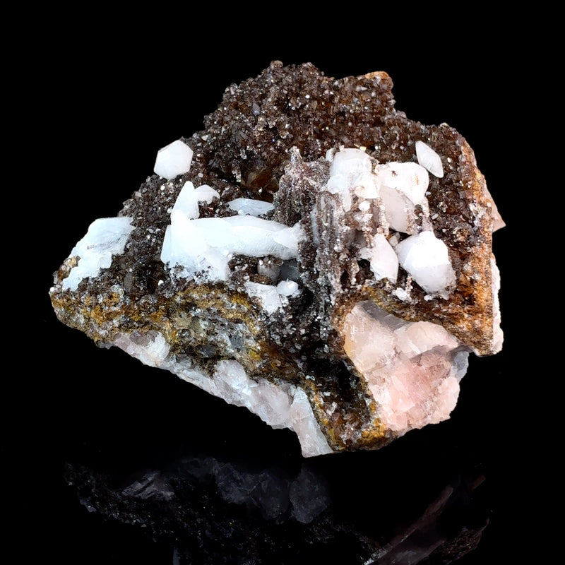Moroccan Druzy Quartz on red manganese matrix with pointed Dogtooth Calcite crystals, 111.7 grams