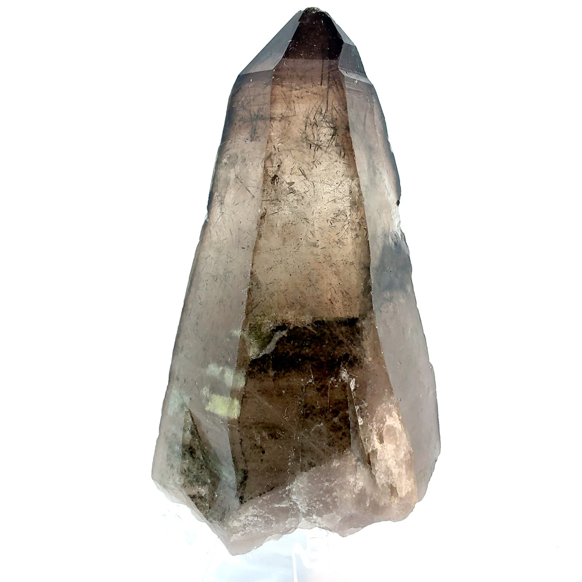 Tapered African smoky quartz crystal with fine black fibrous inclusions, 167.7 gram natural mineral specimen