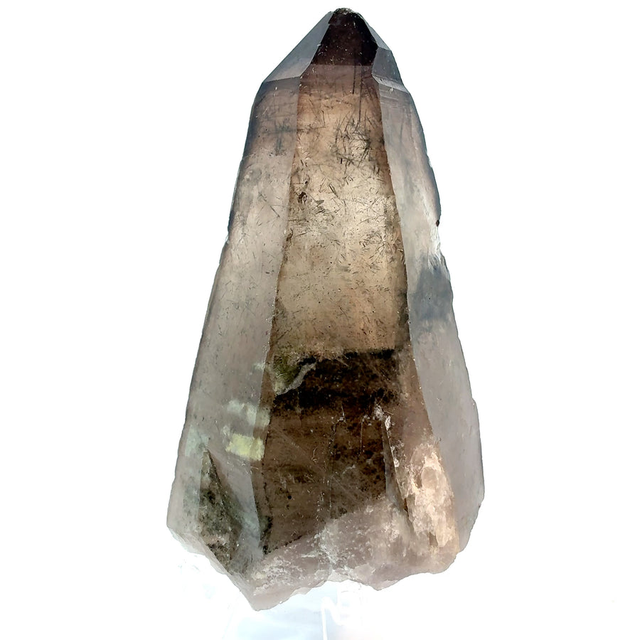 Tapered African smoky quartz crystal with fine black fibrous inclusions, 167.7 gram natural mineral specimen