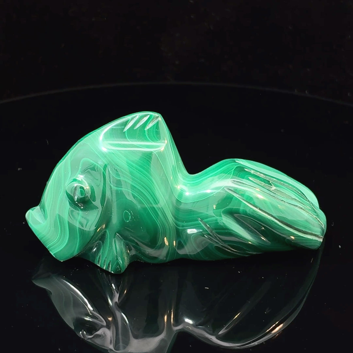 Hand-carved natural Malachite fish sculpture from Congo, green banded stone carving weighing 74 grams