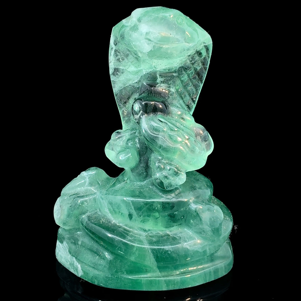 Green Fluorite cobra carving made from natural crystal, 190 grams, measuring 81 x 56 x 40 mm