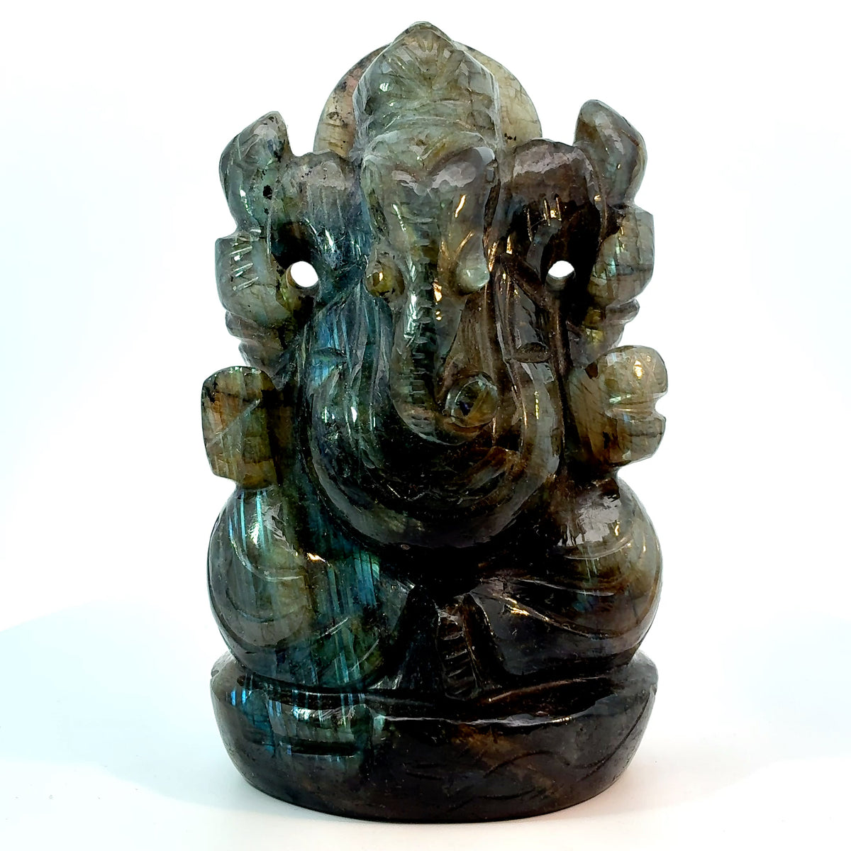 Carved Labradorite Ganesha statue natural crystal sculpture weighing 462 grams and measuring 111 x 68 x 47 mm
