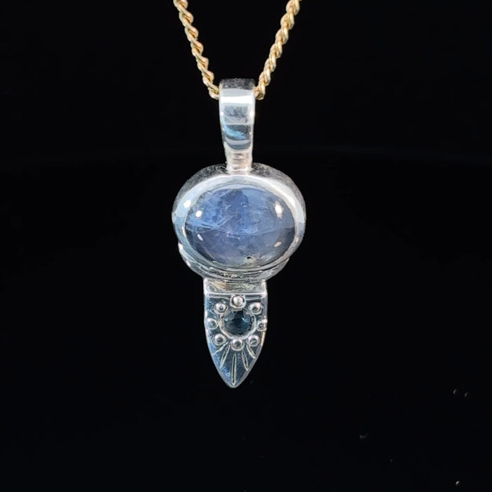 Blue Star Sapphire Pendant with Faceted Blue Sapphire – Engraved Sterling Silver Micro Pendant