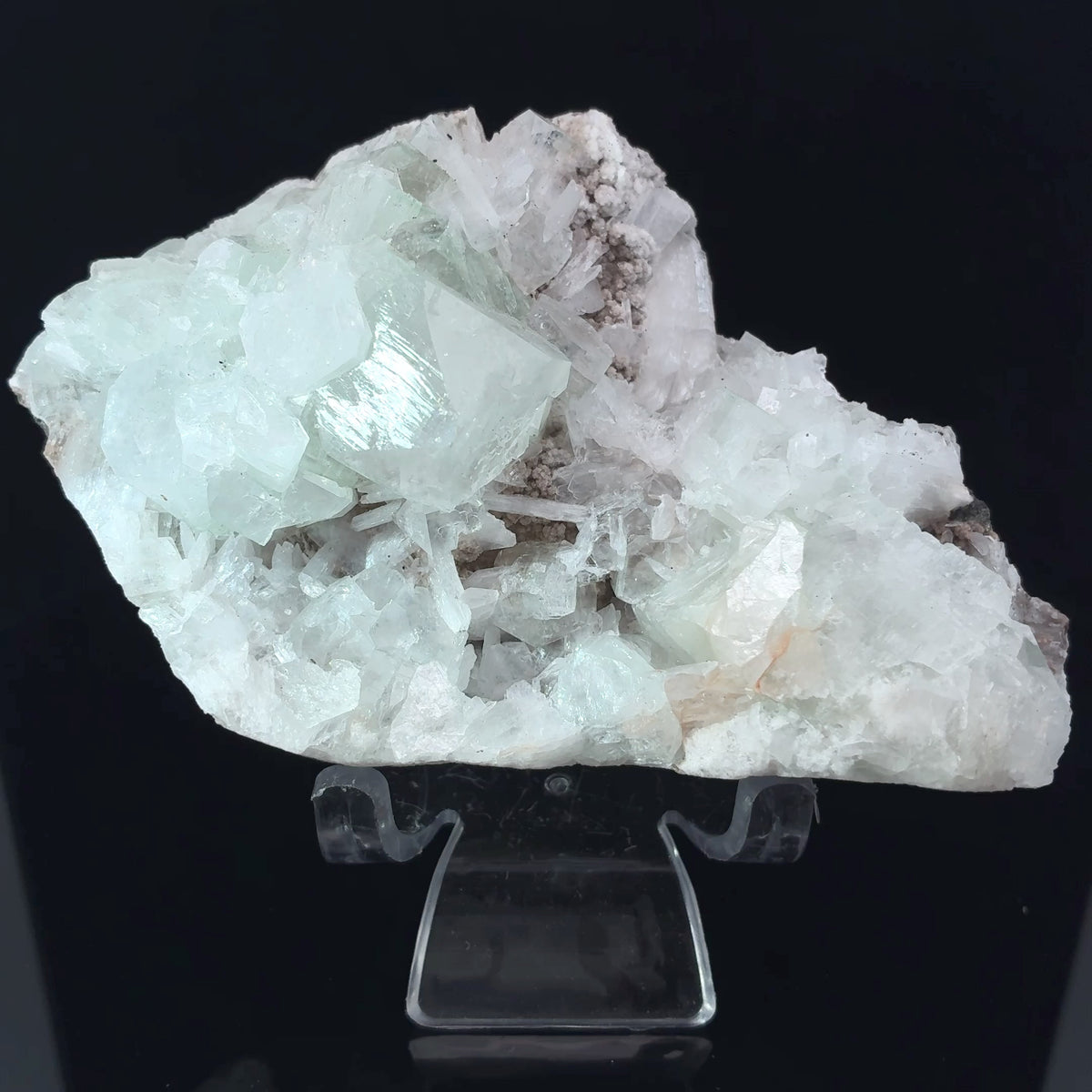 Natural light green Apophyllite crystal specimen with Stilbite blades, 204 grams, measuring 102 x 65 x 40 mm