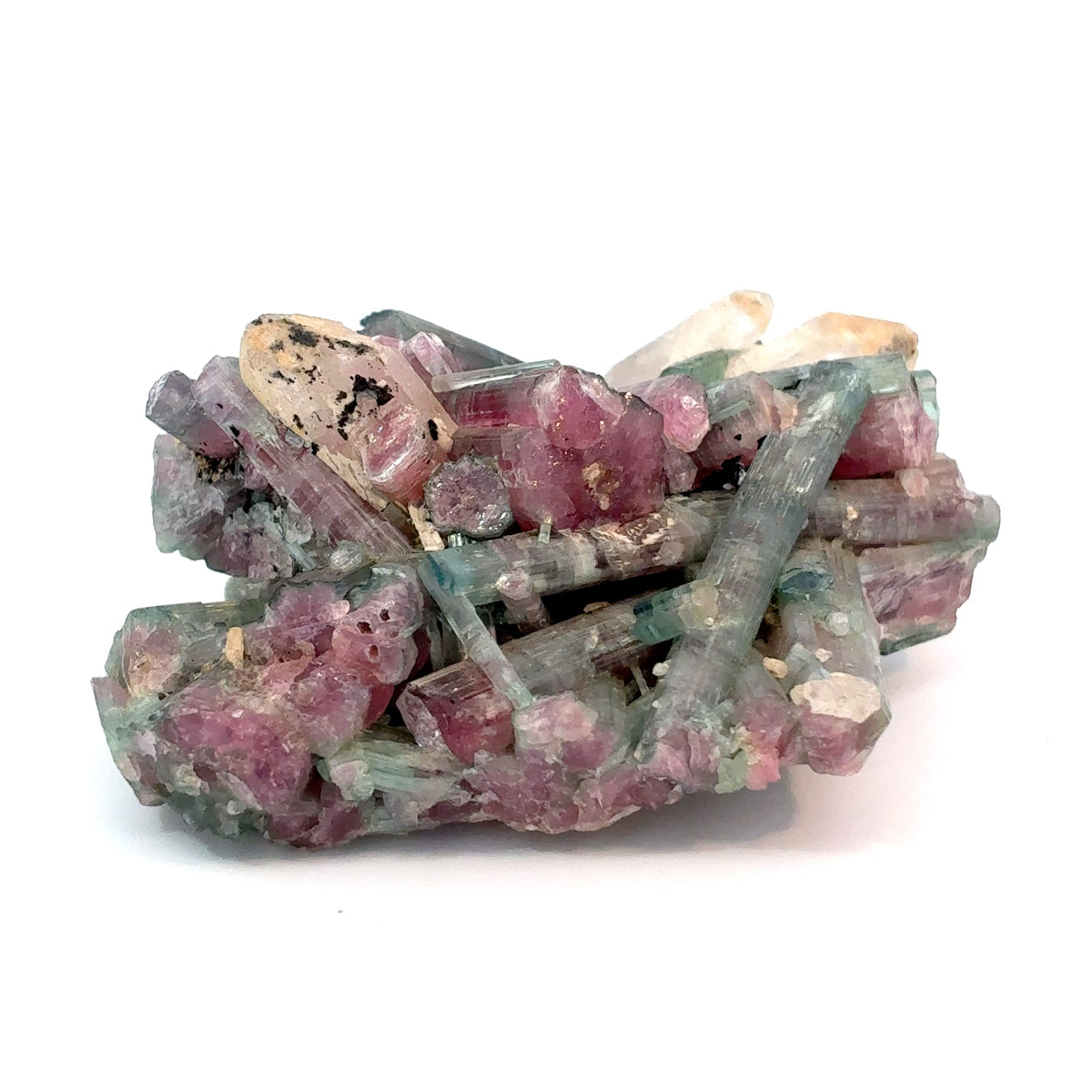 Natural blue and pink tourmaline cluster with quartz points from Sapo Mine, Minas Gerais, Brazil, 51 grams
