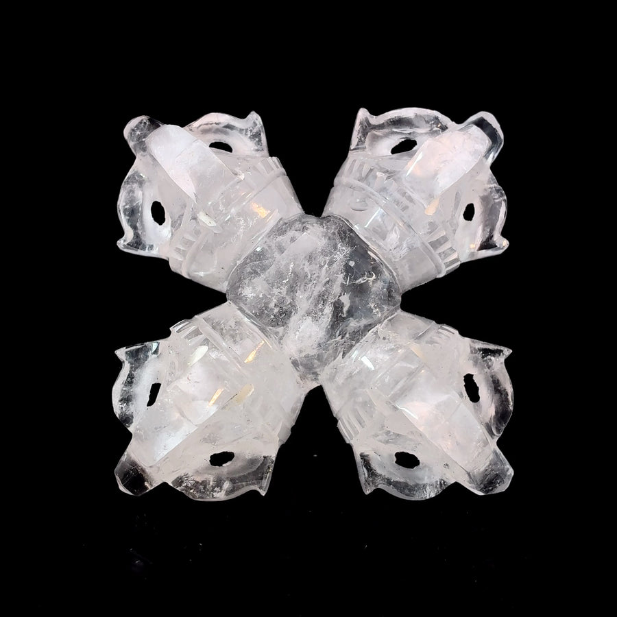 Hand-carved Clear Quartz Double Dorje Vishvavajra spiritual crystal carving with four-directional Buddhist symbol