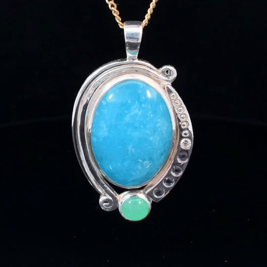 Handcrafted Smithsonite & Chrysoprase Pendant with Amethyst and Diamond Accents – 43 x 24 mm