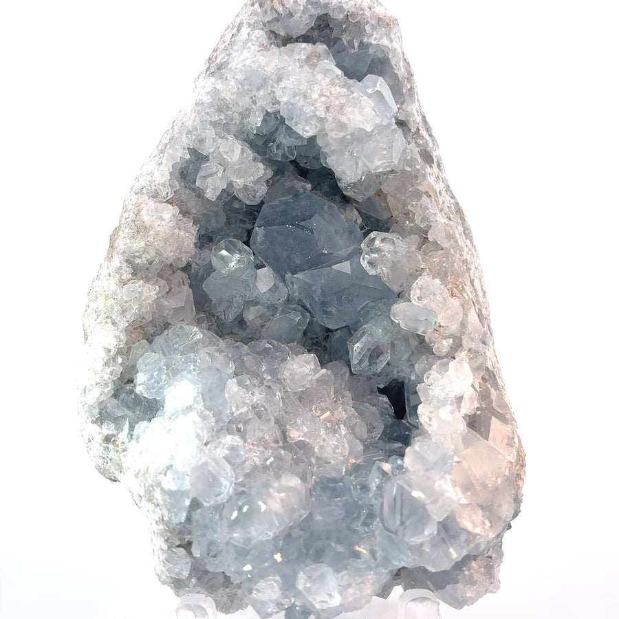 Natural Celestite crystal cluster from Madagascar with glassy blue crystals, 765 grams, measuring 112 x 82 x 55 mm