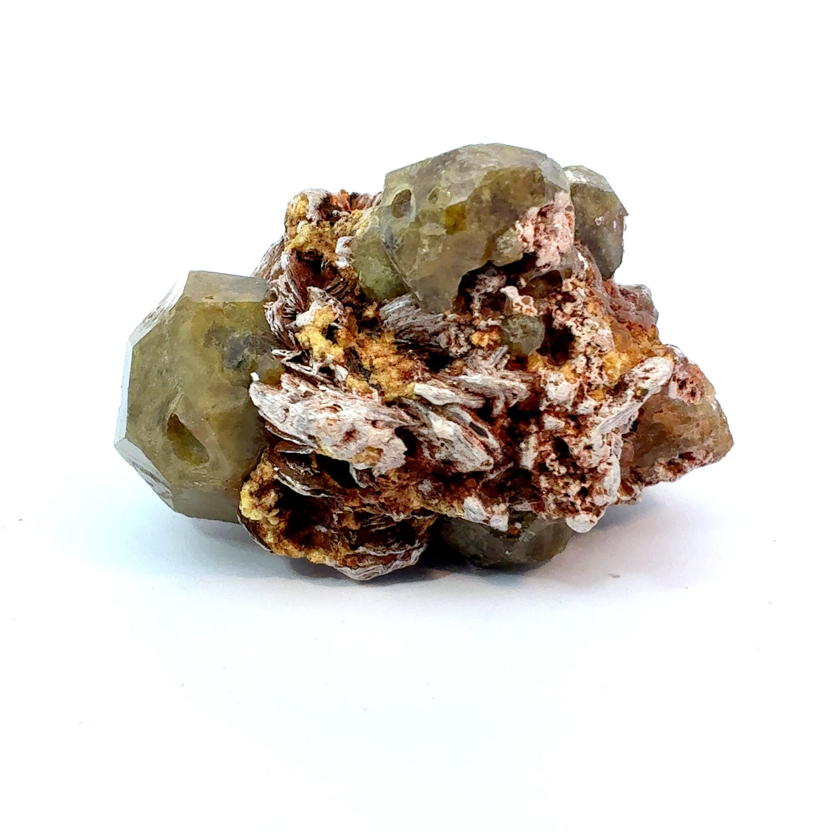 Natural Green Garnet crystal cluster on Muscovite mineral specimen, 38.1 grams, measuring 43 x 31 x 31 mm
