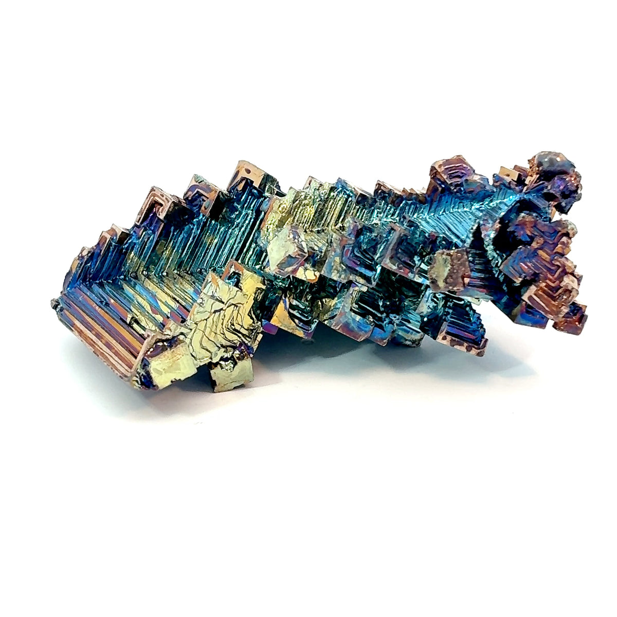 Locally made iridescent Bismuth Crystal specimen with geometric hopper formation, 50.5 grams, 63 x 23 x 23 mm