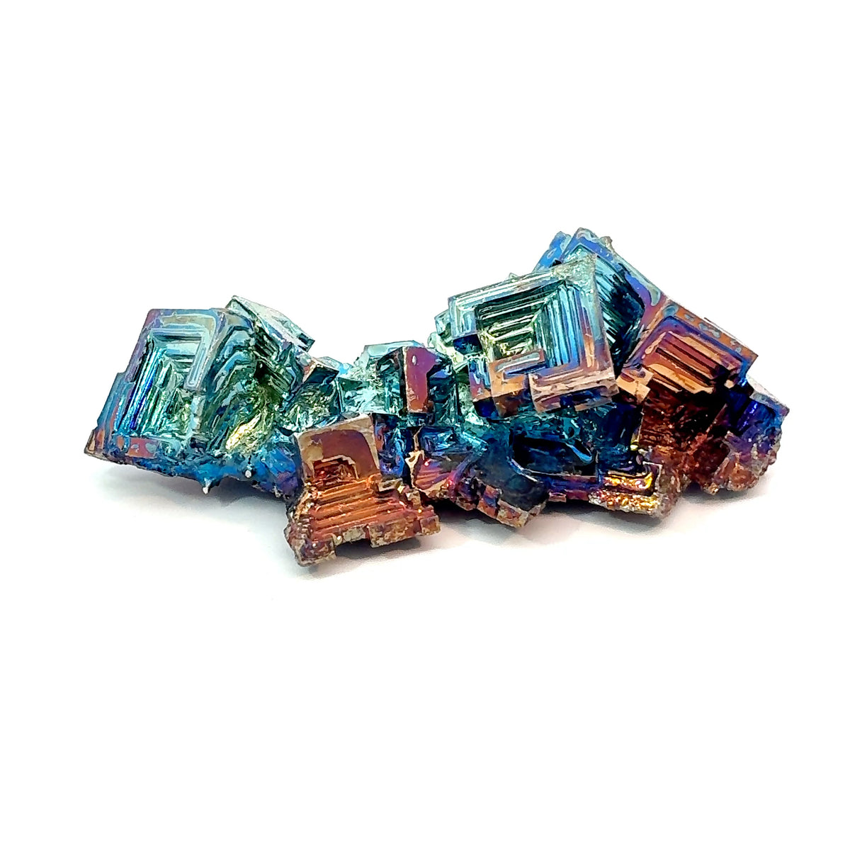 Locally made Bismuth crystal specimen with rainbow metallic stepped formations, 60.7 grams, 60 x 29 x 20 mm

