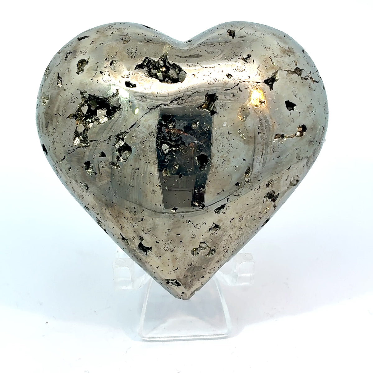 Carved Pyrite heart from Peru with metallic gold luster, 206.9 grams, measuring 59 x 57 x 30 mm