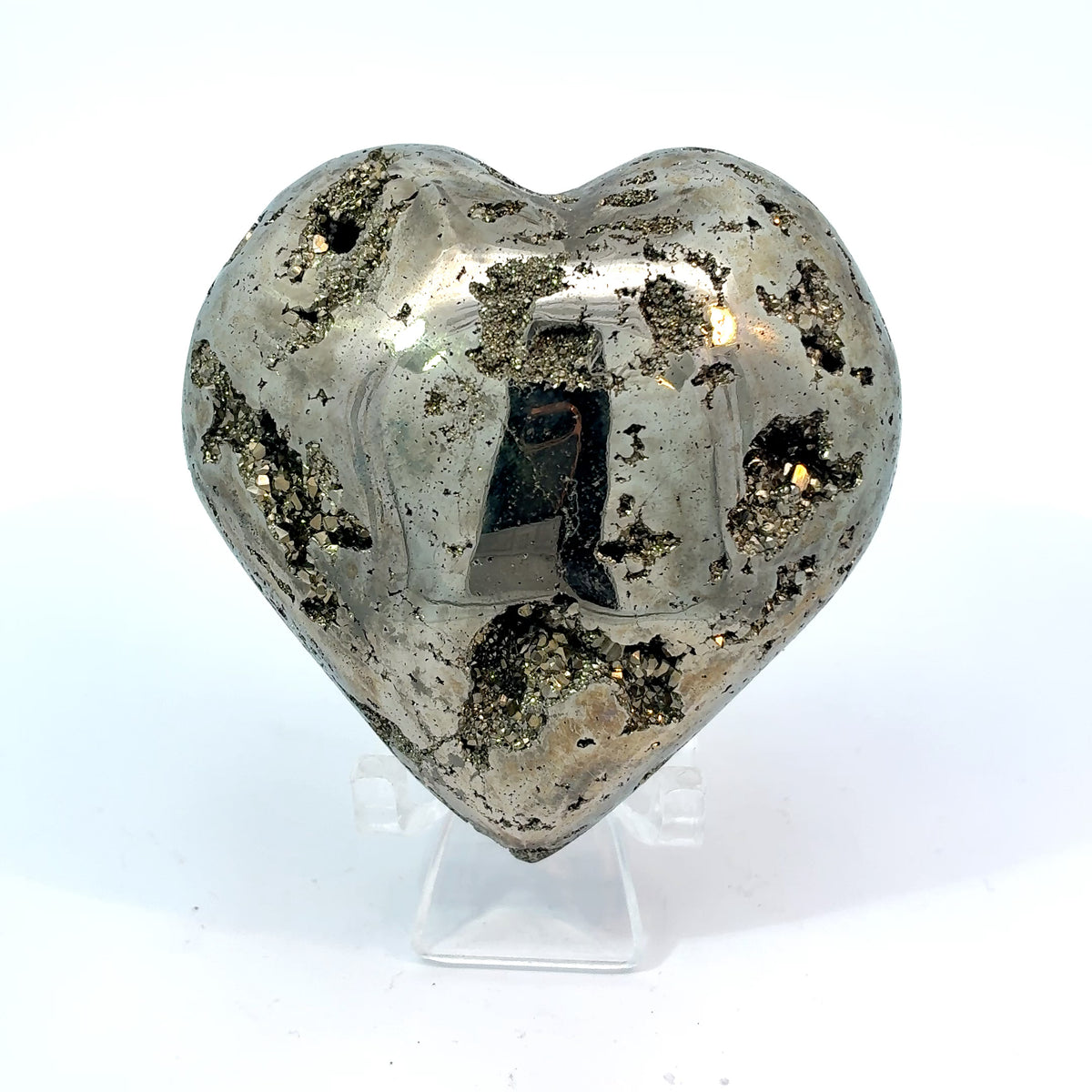 Carved Pyrite heart from Peru, natural metallic golden crystal specimen weighing 223.1 grams