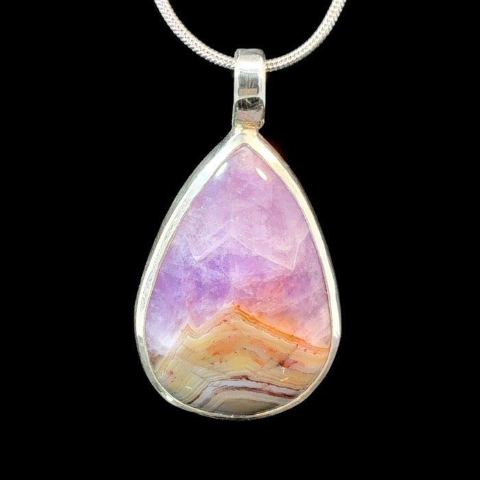 Banded Agate and Amethyst Teardrop Pendant – Sterling Silver, 10.4g