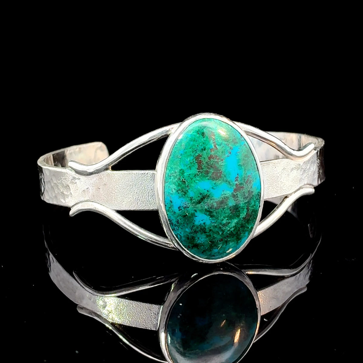 Large Chrysocolla oval cabochon cuff bracelet handmade in sterling silver for a medium wrist