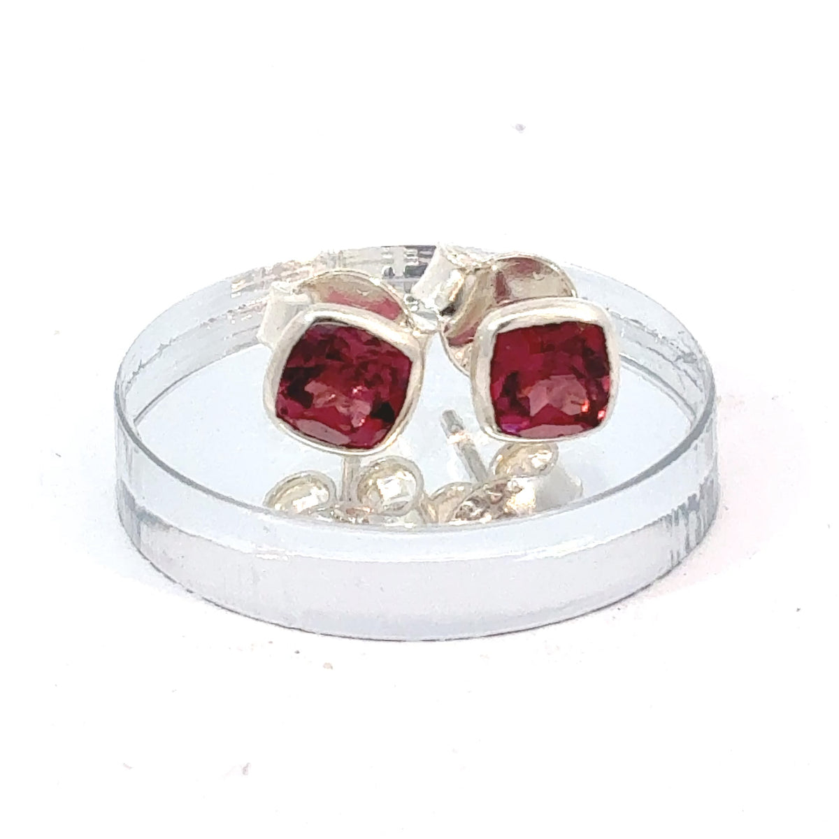 Square cushion cut faceted Garnet stud earrings set in sterling silver