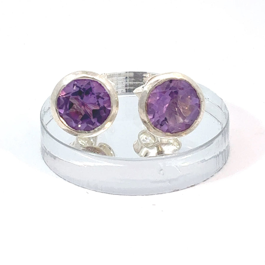 Large round faceted Amethyst stud earrings set in sterling silver