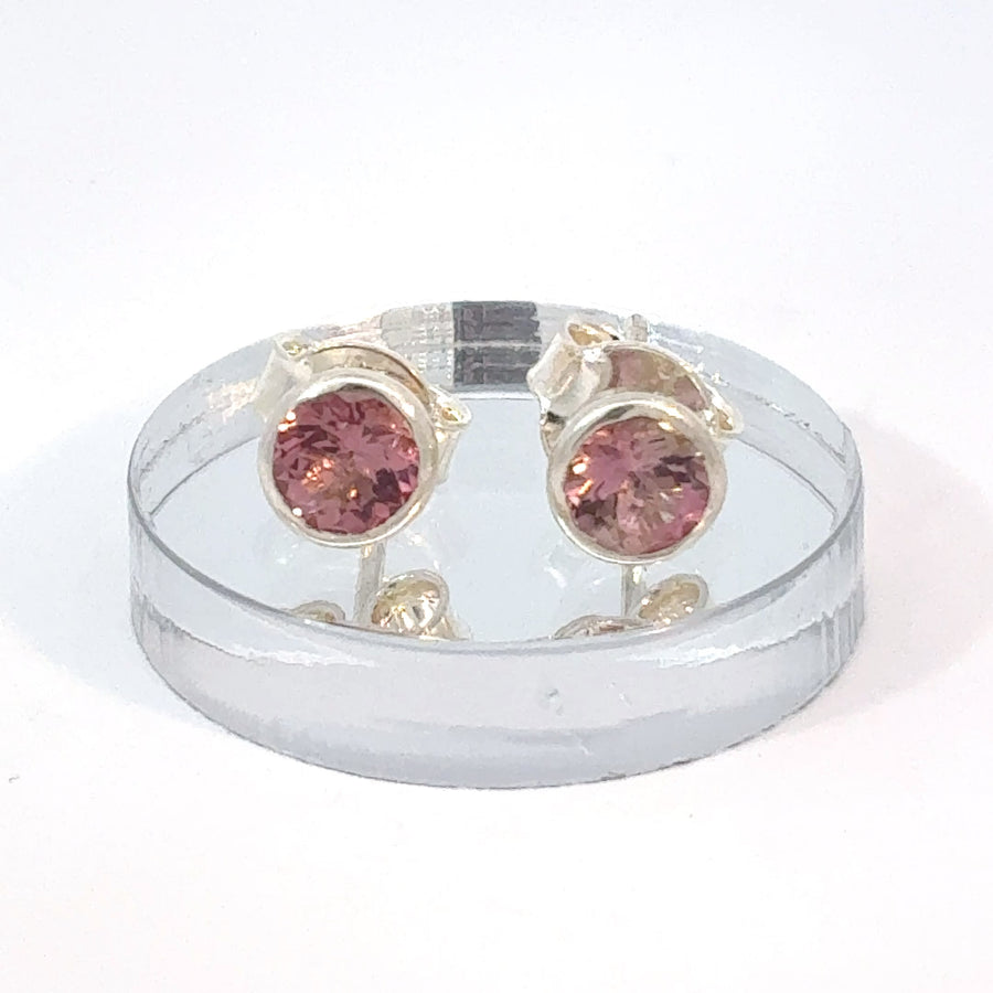 Round faceted Pink Tourmaline stud earrings set in sterling silver