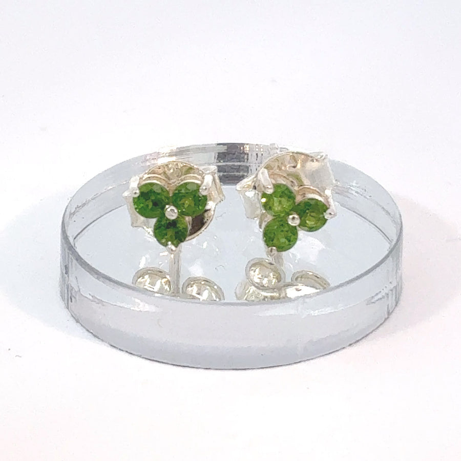 Sterling silver Chrome Diopside stud earrings with three small faceted round green gemstones